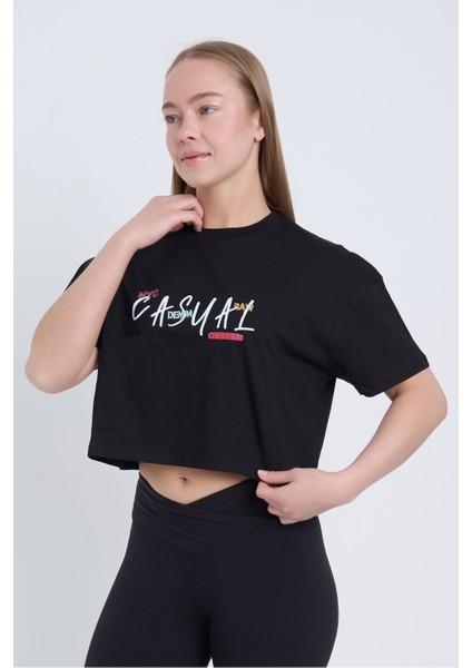 Kadın Oversize Casual Baskılı Siyah Renk Crop
