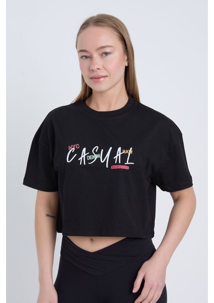 Kadın Oversize Casual Baskılı Siyah Renk Crop