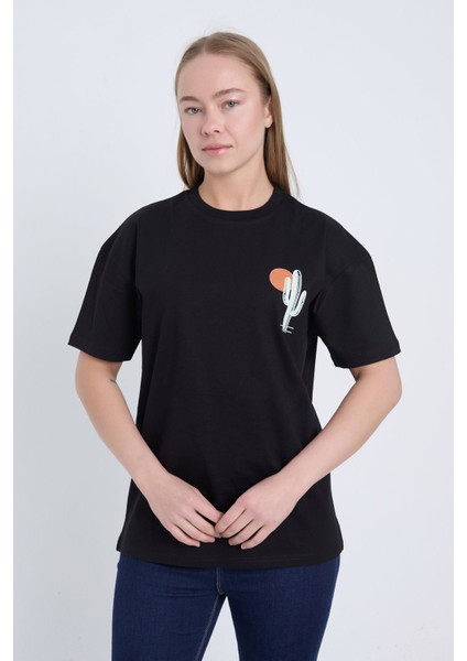 Kadın Oversize Siyah Cactus T-Shirt