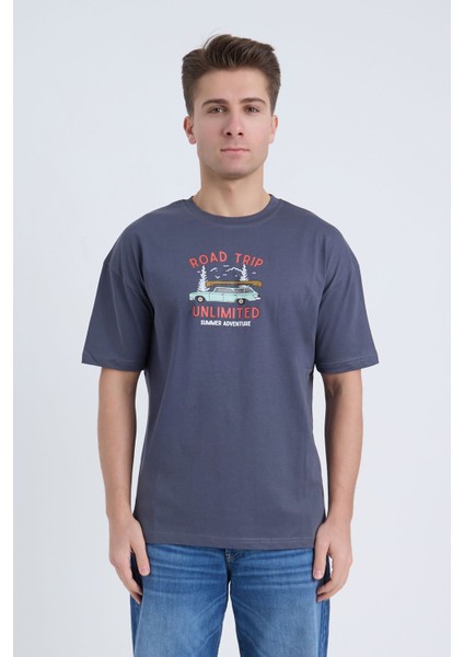 Erkek Oversize Antrasit Road Trip Baskılı T-Shirt