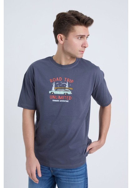 Erkek Oversize Antrasit Road Trip Baskılı T-Shirt