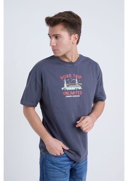 Erkek Oversize Antrasit Road Trip Baskılı T-Shirt