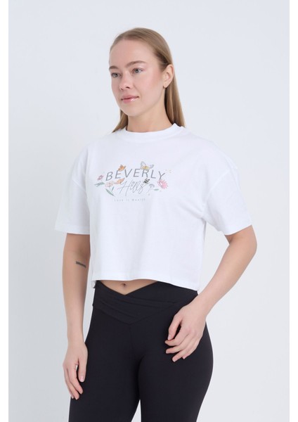 Kadın Oversize Beverly Baskılı Beyaz Renk Crop