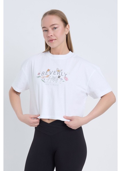 Kadın Oversize Beverly Baskılı Beyaz Renk Crop