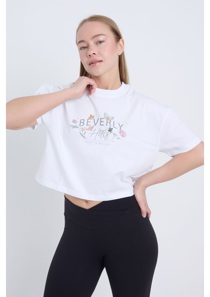 Kadın Oversize Beverly Baskılı Beyaz Renk Crop