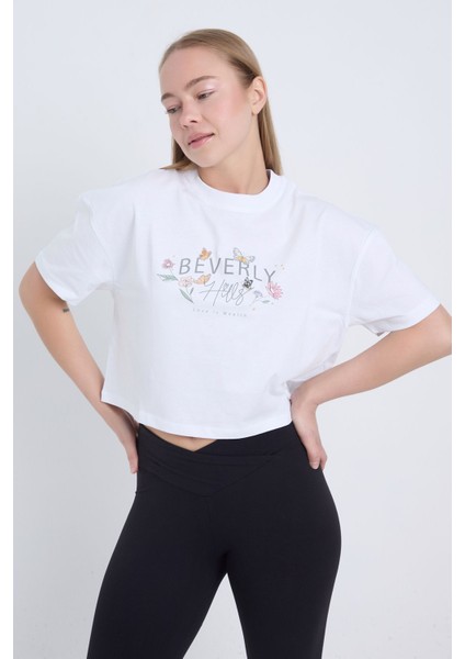 Kadın Oversize Beverly Baskılı Beyaz Renk Crop