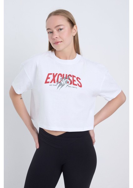 Kadın Oversize Excuses Baskılı Beyaz Renk Crop