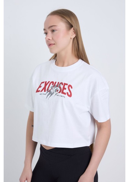 Kadın Oversize Excuses Baskılı Beyaz Renk Crop fırsatları