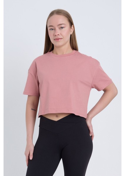 Kadın Oversize Basic Pembe Renk Crop