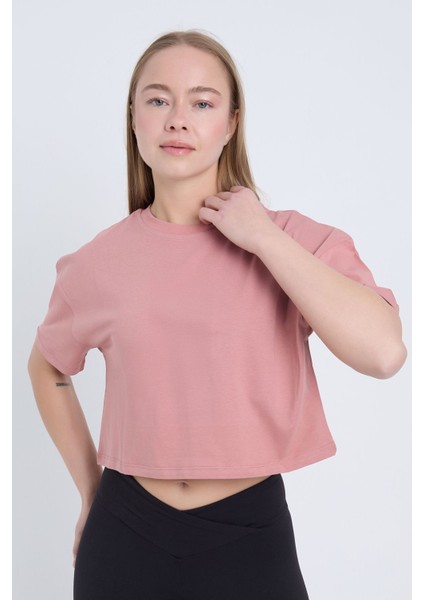 Kadın Oversize Basic Pembe Renk Crop