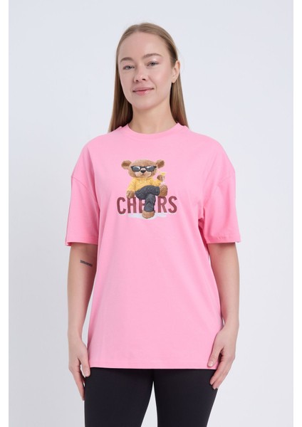Oversize Kadın Chers Baskılı Pembe Renk T-Shirt fiyatları