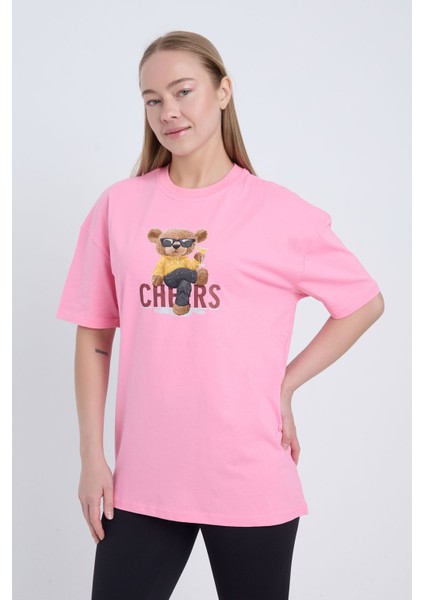 Oversize Kadın Chers Baskılı Pembe Renk T-Shirt fırsatları