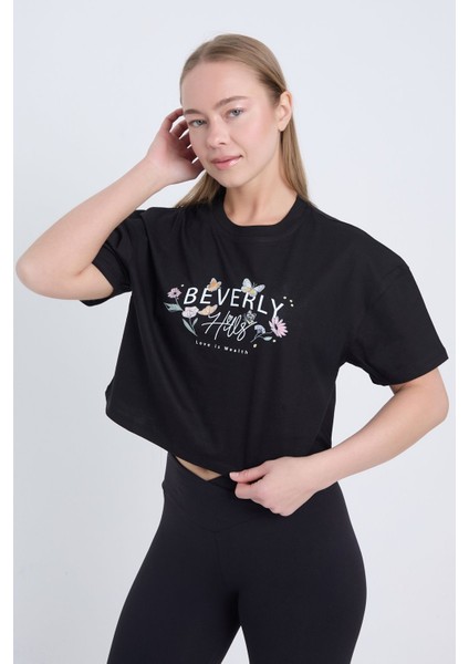 Kadın Oversize Beverly Baskılı Siyah Renk Crop