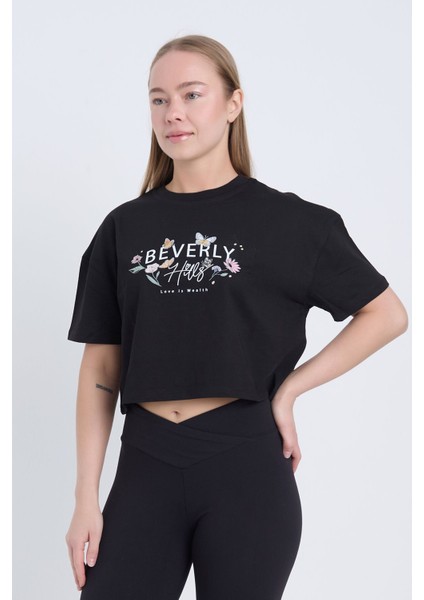 Kadın Oversize Beverly Baskılı Siyah Renk Crop fiyatları