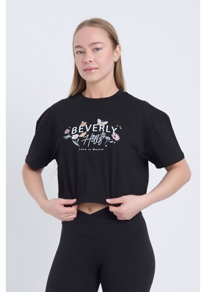 Kadın Oversize Beverly Baskılı Siyah Renk Crop modelleri