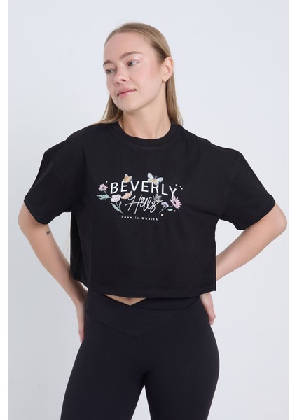 Kadın Oversize Beverly Baskılı Siyah Renk Crop fırsatları