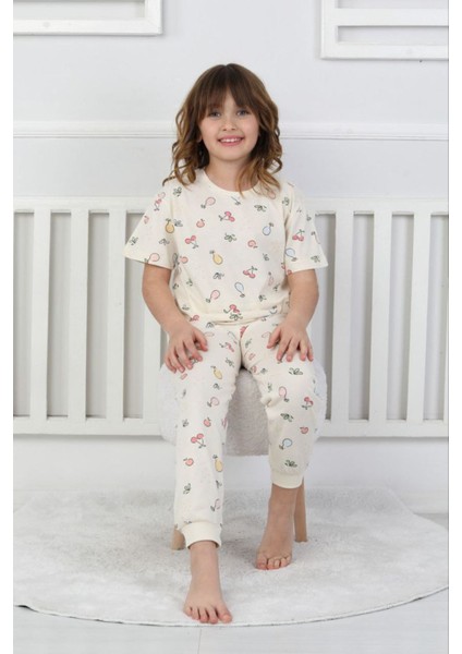 Isob Ekru Meyve Desenli %100 Pamuk Kız Çocuk Kısa Kollu Pijama Takımı 8-13 Yaş 41409-E