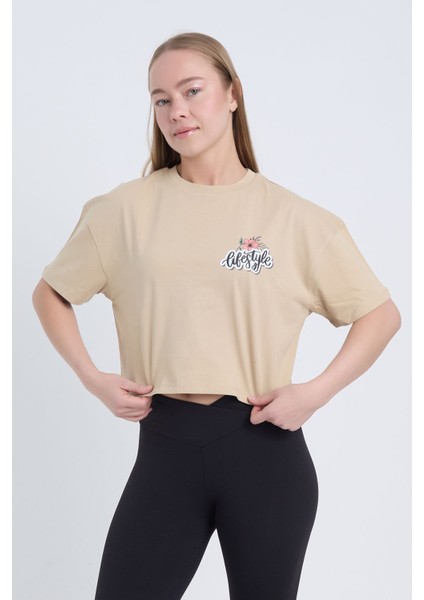 Kadın Oversize Lifestyle Baskılı Siyah Bej Crop