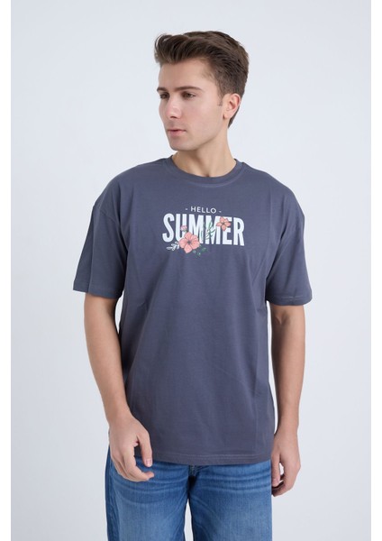Erkek Oversize Antrasit Hello Summer T-Shirt