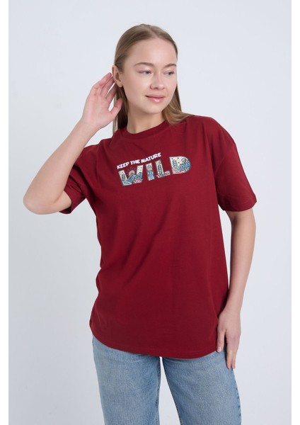 Kadın Oversize Bordo Wild T-Shirt