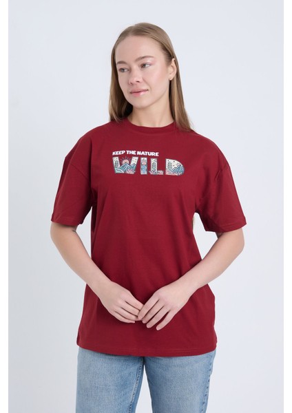 Kadın Oversize Bordo Wild T-Shirt modelleri