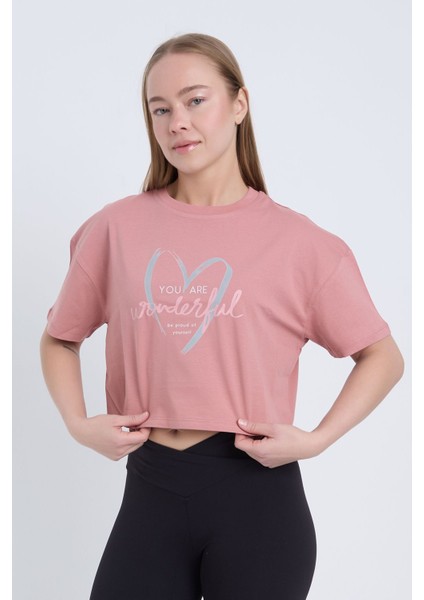 Kadın Oversize You Are Beautiful Baskılı Pembe Renk Crop