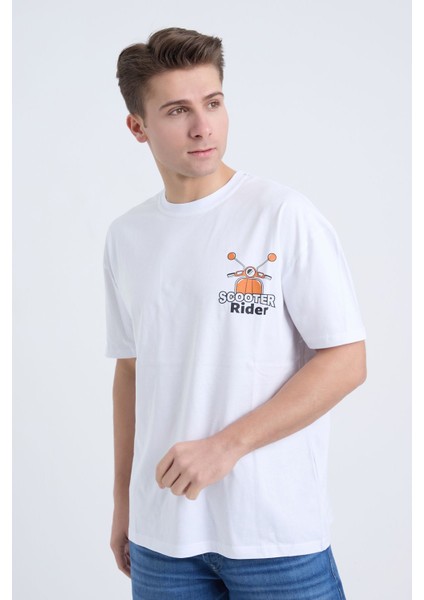 Erkek Oversize Beyaz Scooter T-Shirt