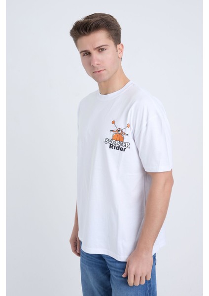 Erkek Oversize Beyaz Scooter T-Shirt