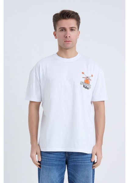 Erkek Oversize Beyaz Scooter T-Shirt