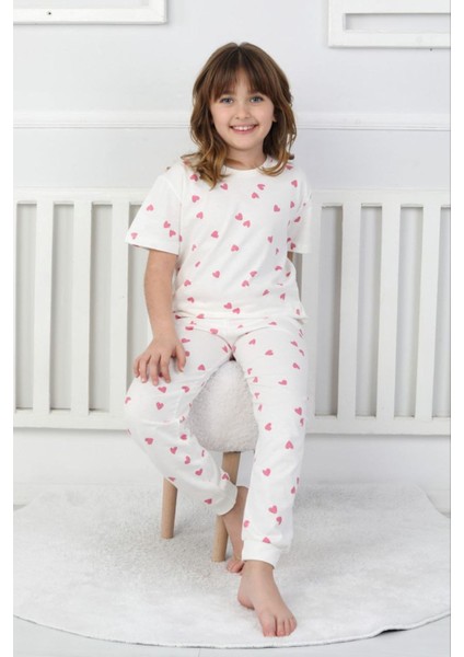 Isob Ekru Kalp Desenli %100 Pamuk Kız Çocuk Kısa Kollu Pijama Takımı 8-13 Yaş 41410-E