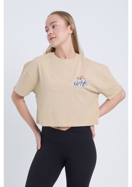 Kadın Oversize Lifestyle Baskılı Siyah Bej Crop fiyatları