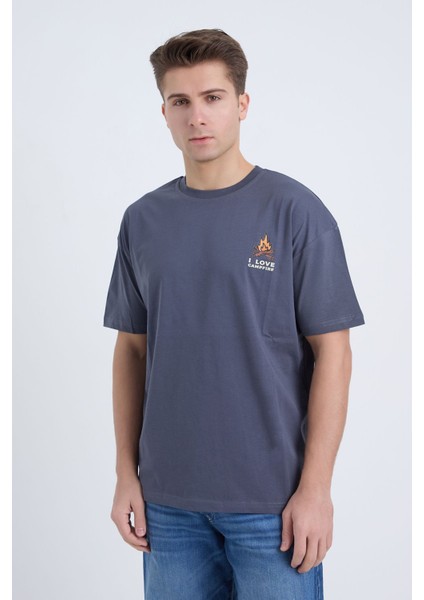 Erkek Oversize I Love Camp Baskılı Antrasit Renk T-Shirt