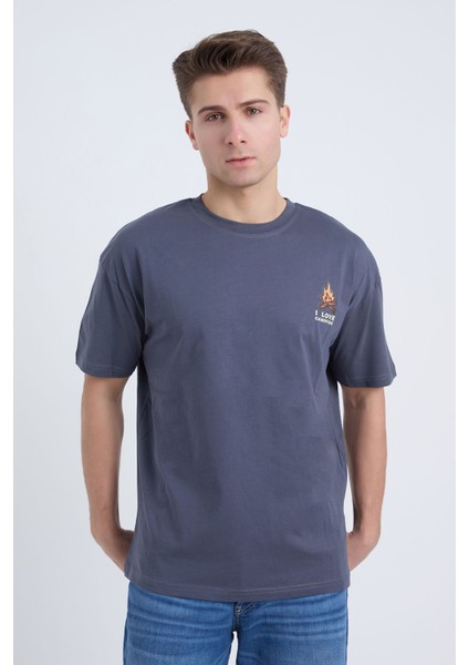 Erkek Oversize I Love Camp Baskılı Antrasit Renk T-Shirt modelleri