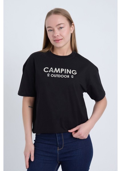 Kadın Oversize Siyah Camping T-Shirt