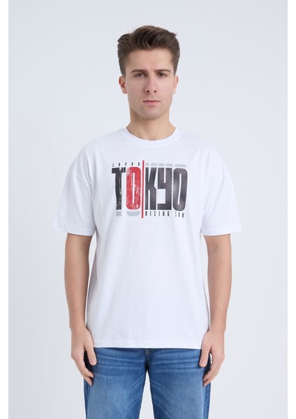 Erkek Oversize Siyah Desenli Tokyo T-Shırt