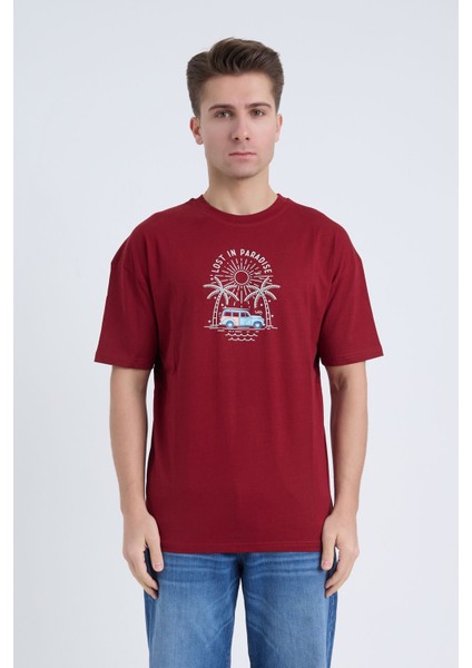 Erkek Oversize Bordo Lost In Paradise T-Shırt