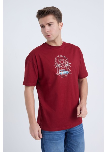 Erkek Oversize Bordo Lost In Paradise T-Shırt