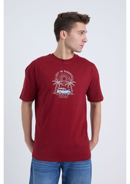 Erkek Oversize Bordo Lost In Paradise T-Shırt