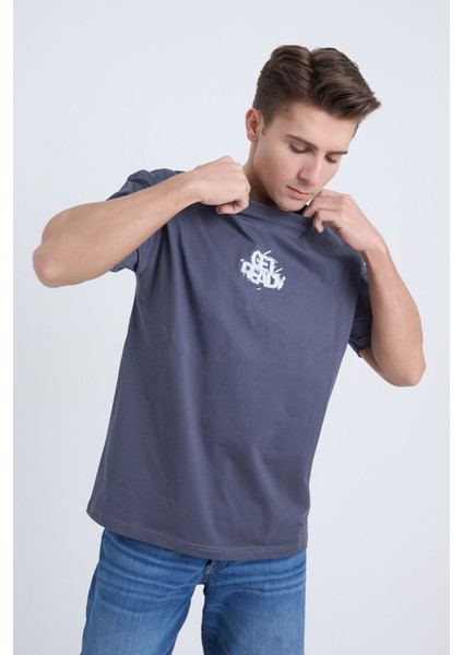 Erkek Oversize Get Ready Temalı Antrasit Renk T-Shirt