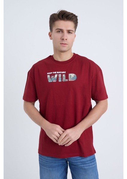 Erkek Oversize Bordo Wild T-Shirt