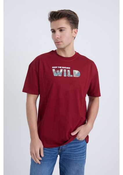 Erkek Oversize Bordo Wild T-Shirt modelleri