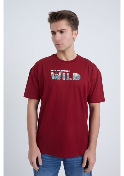 Erkek Oversize Bordo Wild T-Shirt fırsatları