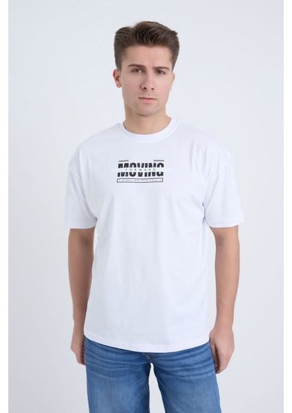 Erkek Oversize Beyaz Moving T-Shirt