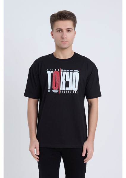 Erkek Oversize Siyah Desenli Tokyo T-Shırt