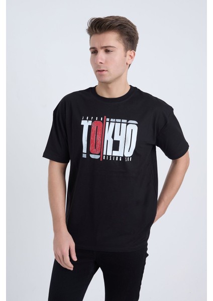Erkek Oversize Siyah Desenli Tokyo T-Shırt modelleri