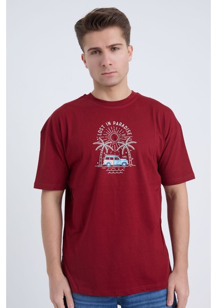 Erkek Oversize Bordo Lost In Paradise T-Shırt fırsatları