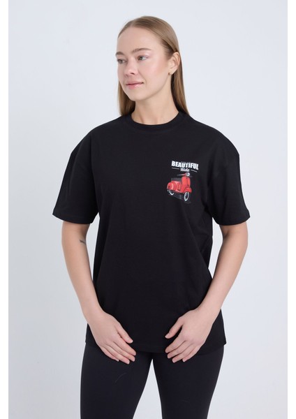 Kadın Oversize Beautıful Ride Baskılı Beyaz Renk T-Shirt