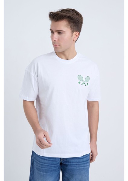 Erkek Oversize Beyaz Tennis T-Shirt