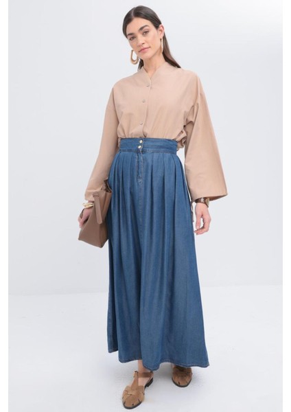 Kadın Düğmeli Pileli Tencel Etek