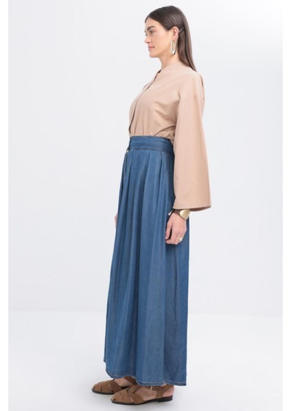 Kadın Düğmeli Pileli Tencel Etek modelleri